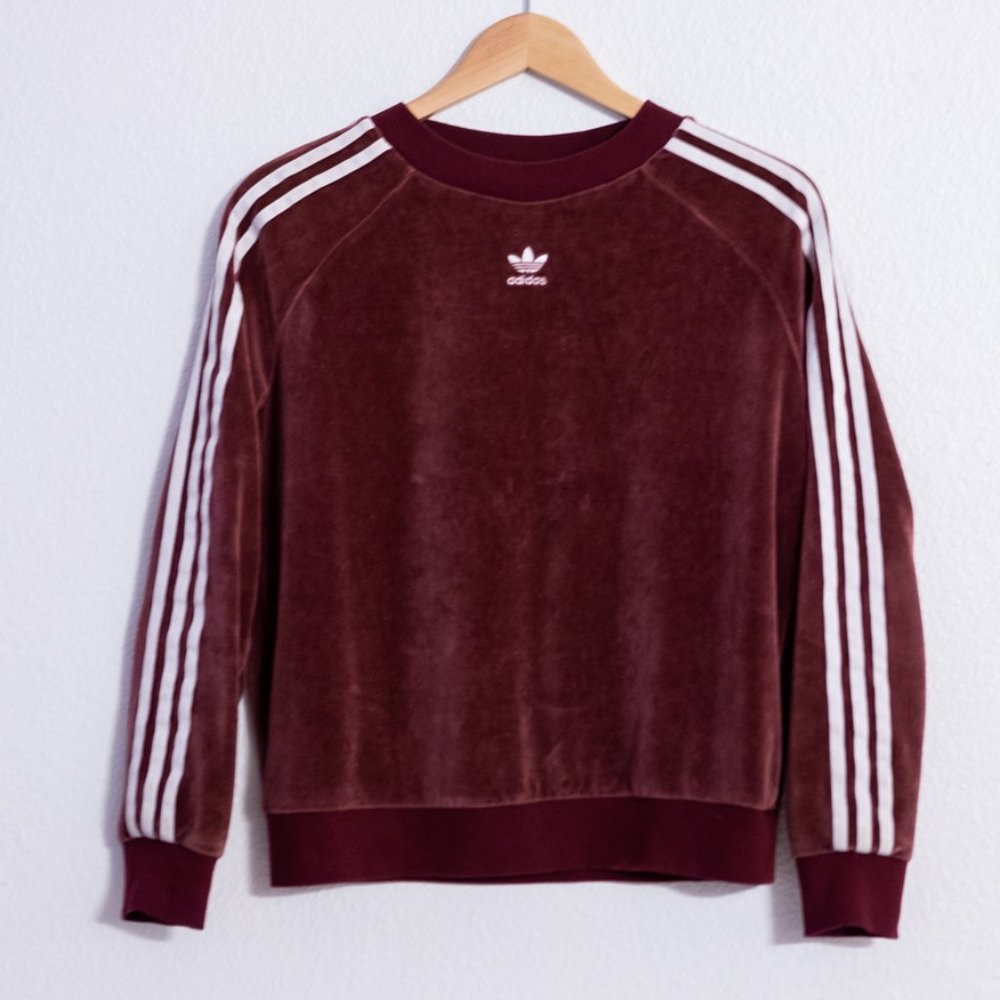 Adidas Originals Trefoil Women's Velour Track Sweat Shirt, Maroon/White, Small